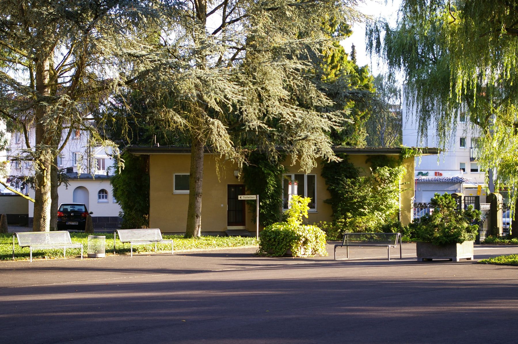 Niedriger gelber Nebenbau mit Toilettenhinweis, Sitzbänken und Pflanzkübeln unter großen Zedern und einer Weide auf Südfriedhof Köln